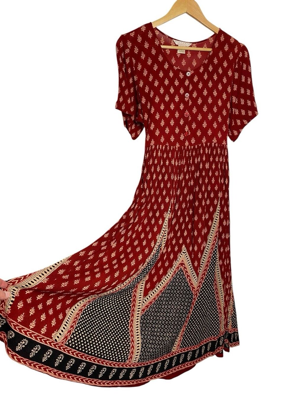 Boho Midi Dress Womens L Red India Print Festival Cottagecore Tie Back Rayon